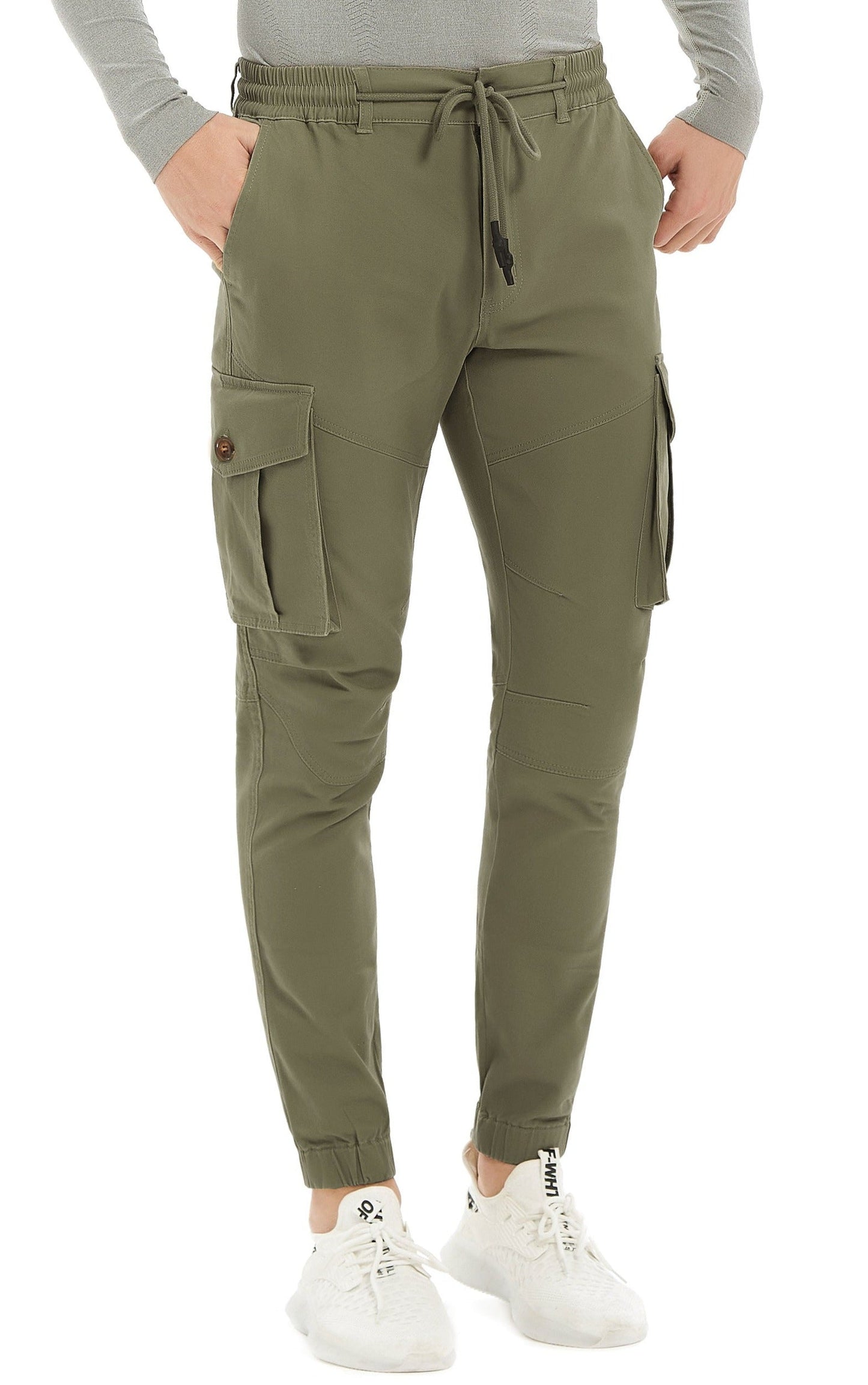 Men's Lace Up Cotton Cargo Pants Tapered Slim Fit Work Stretch Twill Trousers with Pockets