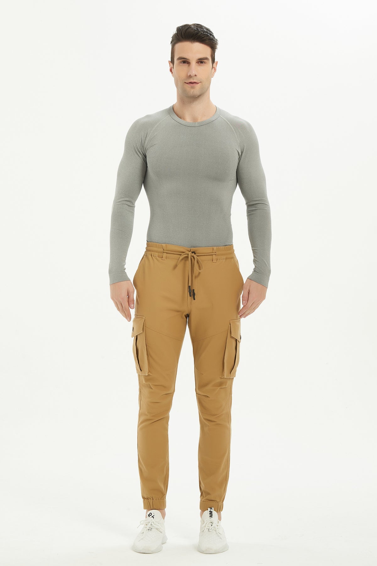 Men's Lace Up Cotton Cargo Pants Tapered Slim Fit Work Stretch Twill Trousers with Pockets