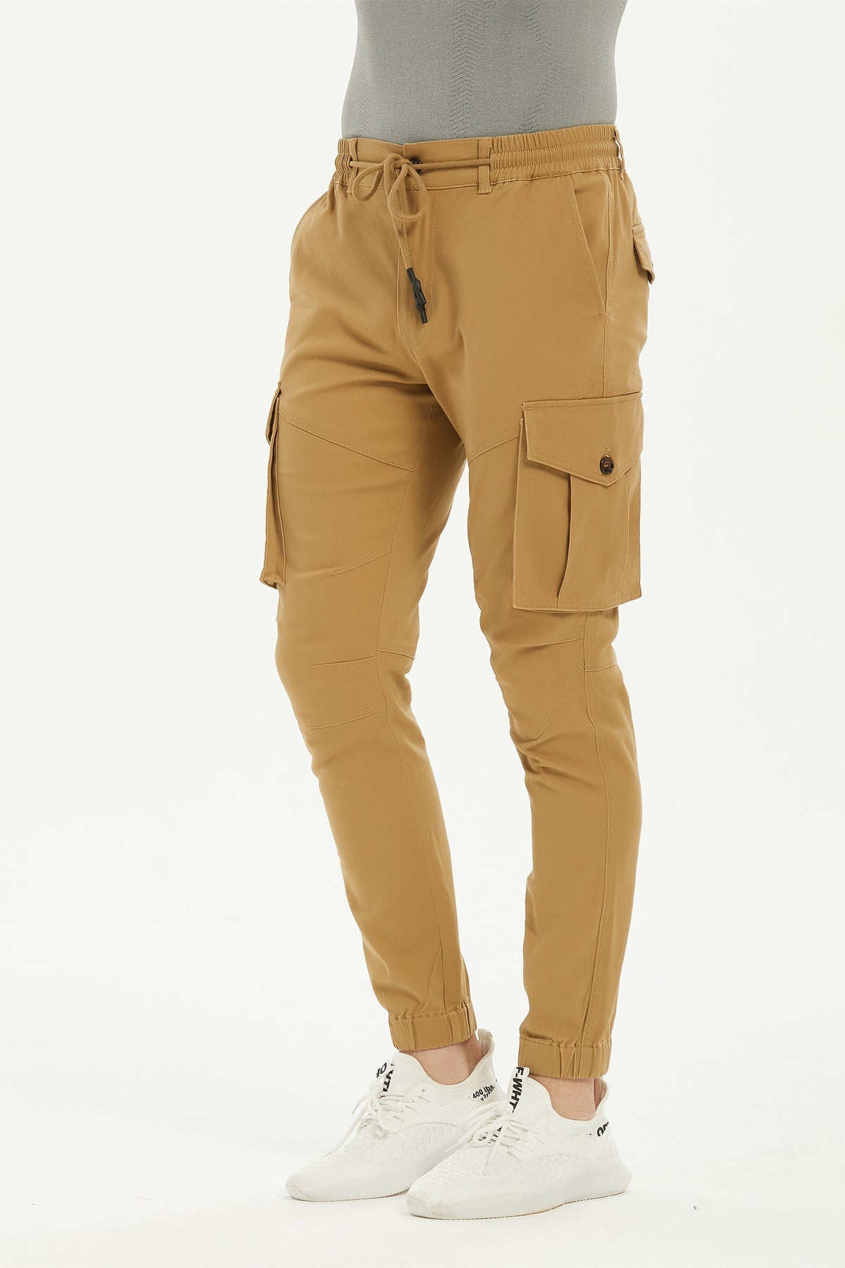 Men's Lace Up Cotton Cargo Pants Tapered Slim Fit Work Stretch Twill Trousers with Pockets