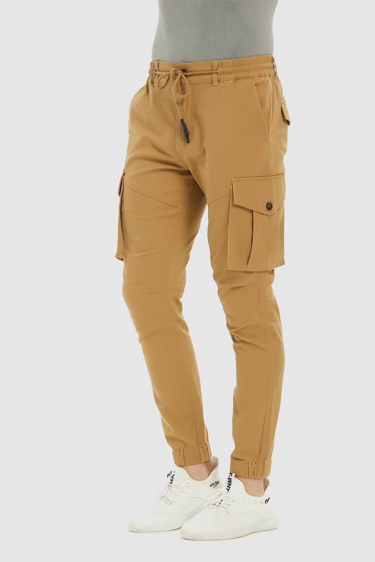 Men's Lace Up Cotton Cargo Pants  Tapered Slim Fit Work Stretch Twill Trousers with Pockets
