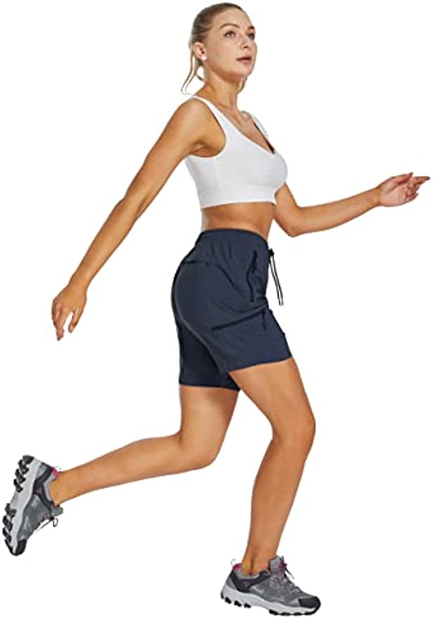 Womens Hiking Shorts Quick Dry with Pockets Cargo, Womens Workout Shorts Lightweight High Waisted Long Running Gym Fishing Shorts Pull on Casual Navy Blue