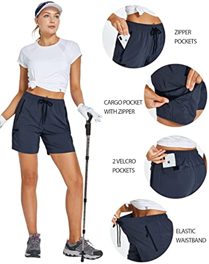 Womens Hiking Shorts Quick Dry with Pockets Cargo, Womens Workout Shorts Lightweight High Waisted Long Running Gym Fishing Shorts Pull on Casual Navy Blue