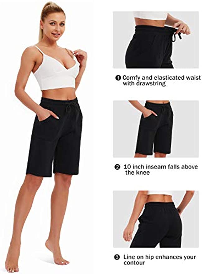 SPECIALMAGIC Cotton Sweat Shorts with Pockets for Women 10" Athletic Lounge Sports Workout Bermuda Knee Shorts