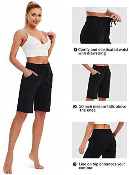 SPECIALMAGIC Cotton Sweat Shorts with Pockets for Women 10" Athletic Lounge Sports Workout Bermuda Knee Shorts