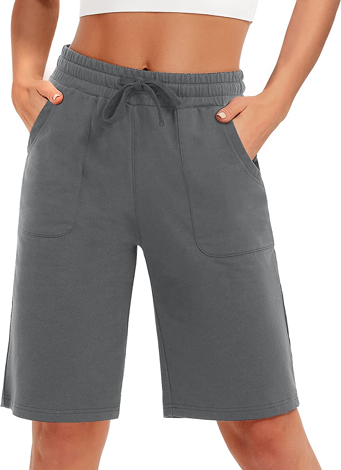 SPECIALMAGIC Cotton Sweat Shorts with Pockets for Women 10" Athletic Lounge Sports Workout Bermuda Knee Shorts