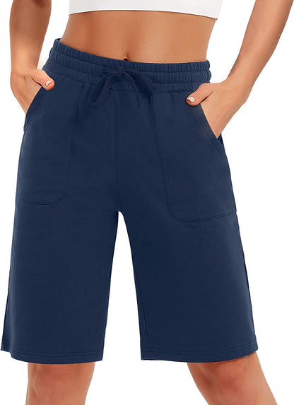 SPECIALMAGIC Cotton Sweat Shorts with Pockets for Women 10" Athletic Lounge Sports Workout Bermuda Knee Shorts
