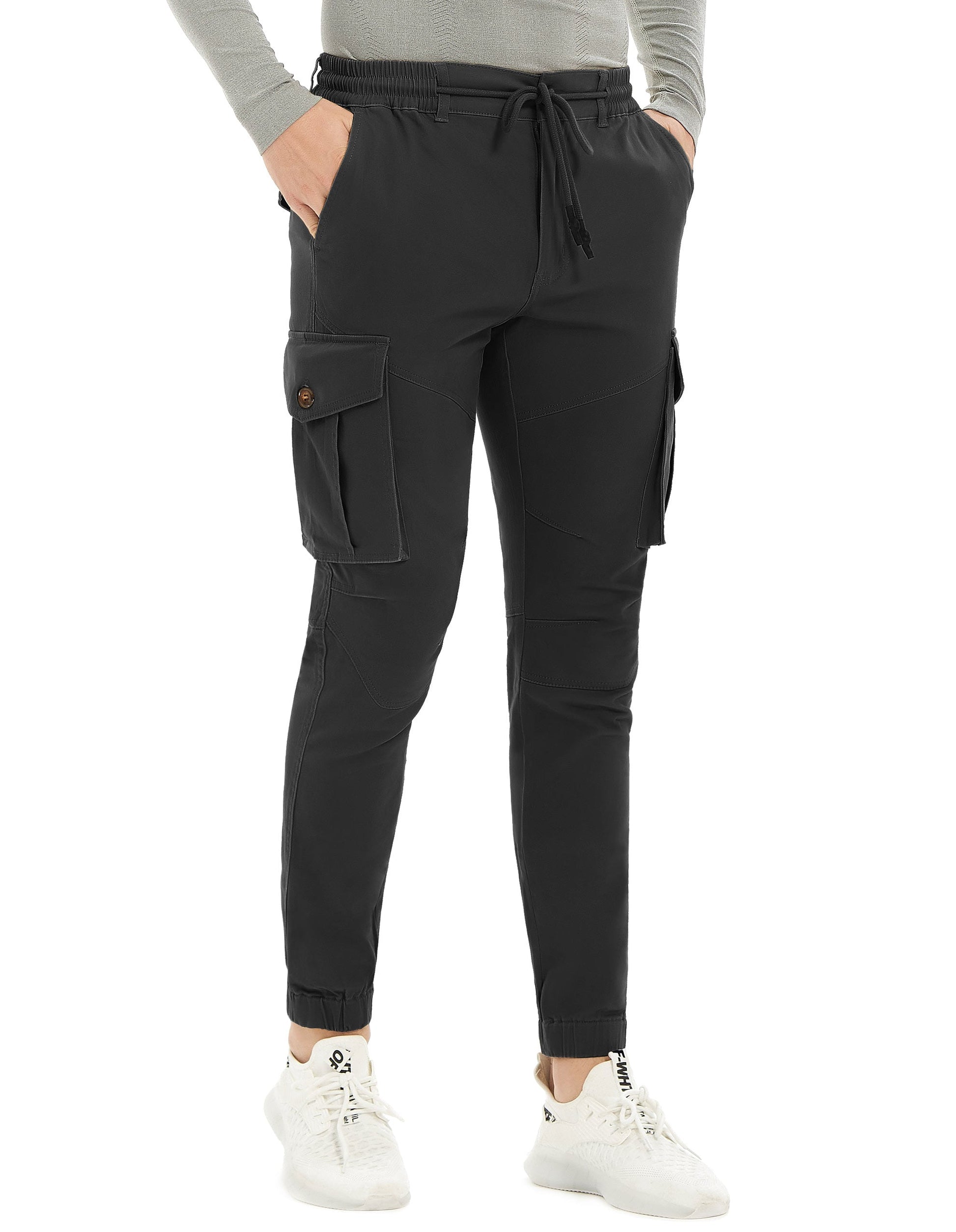 Men's Lace Up Cotton Cargo Pants  Tapered Slim Fit Work Stretch Twill Trousers with Pockets