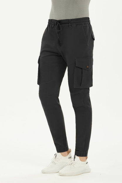 Men's Lace Up Cotton Cargo Pants  Tapered Slim Fit Work Stretch Twill Trousers with Pockets
