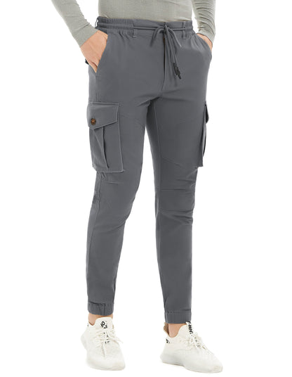 Men's Lace Up Cotton Cargo Pants  Tapered Slim Fit Work Stretch Twill Trousers with Pockets
