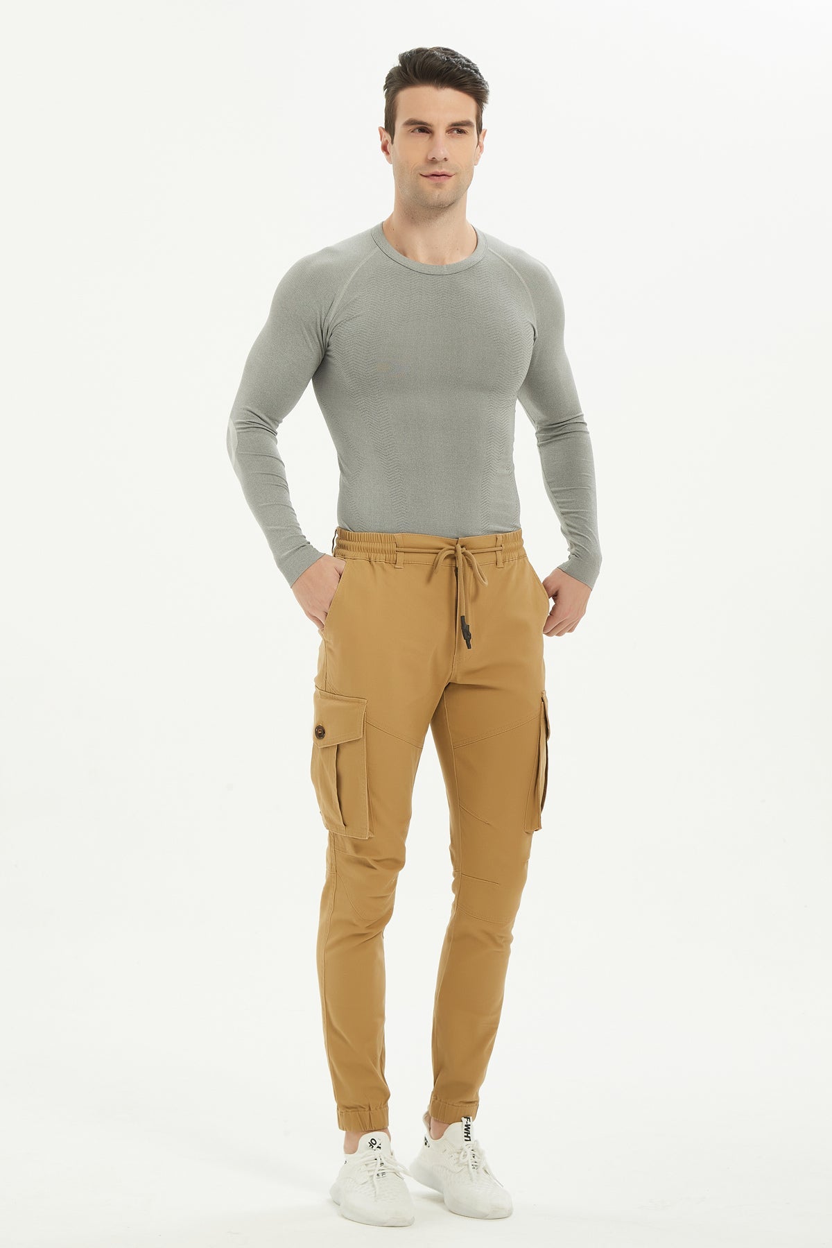 Men's Lace Up Cotton Cargo Pants  Tapered Slim Fit Work Stretch Twill Trousers with Pockets