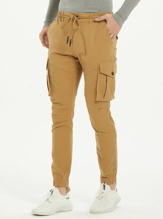 Men's Lace Up Cotton Cargo Pants  Tapered Slim Fit Work Stretch Twill Trousers with Pockets